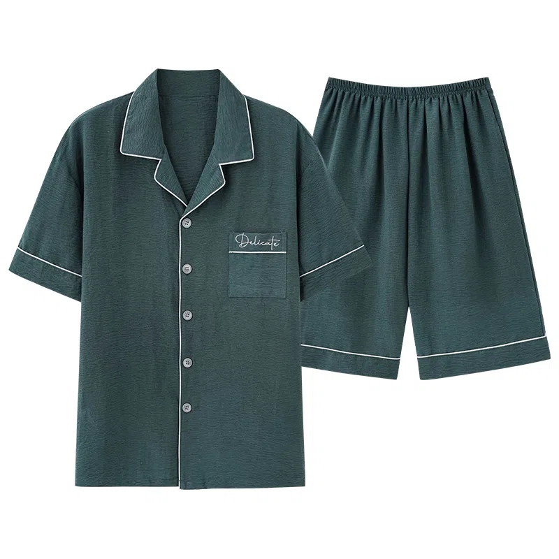 夏芬妍 简约舒适柔软翻领家居服亲肤休闲短袖上衣可外穿五分裤睡衣套装 男款 墨绿色