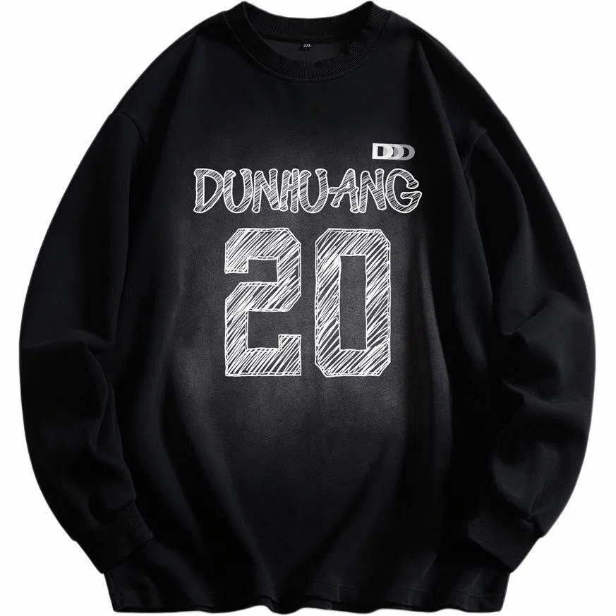 敦煌博物馆 重磅水洗美式复古字母渐变宽松百搭高街圆领卫衣 男女同款