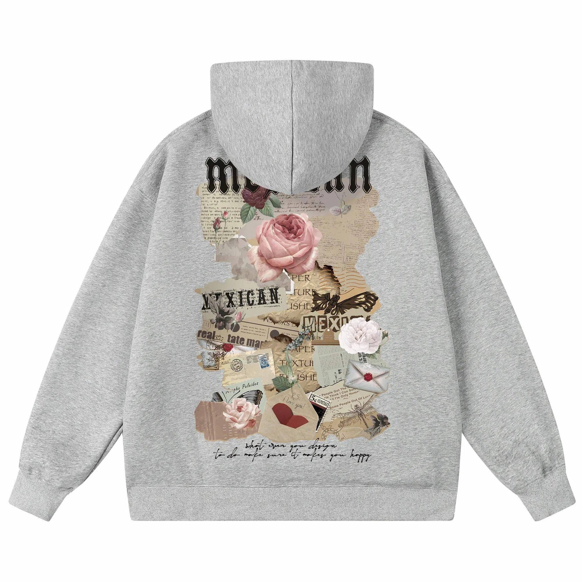 稻草人 美式复古做旧报纸玫瑰花卉字母涂鸦印花宽松休闲重磅外套舒适亲肤百搭打底连帽套头长袖卫衣 男女同款