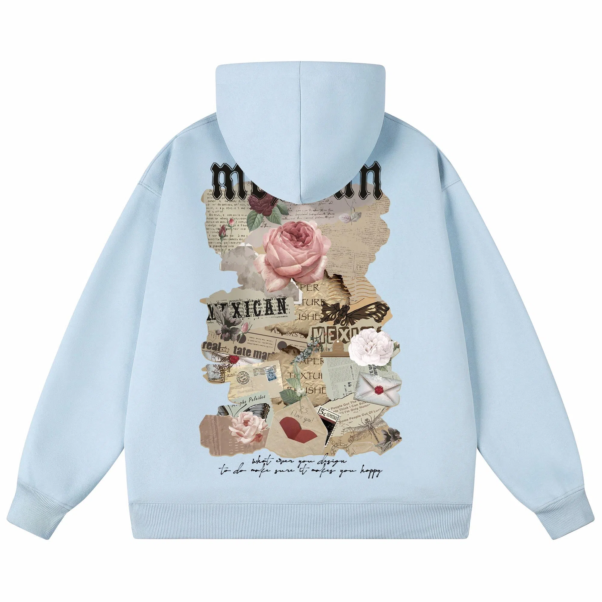 稻草人 美式复古做旧报纸玫瑰花卉字母涂鸦印花宽松休闲重磅外套舒适亲肤百搭打底连帽套头长袖卫衣 男女同款