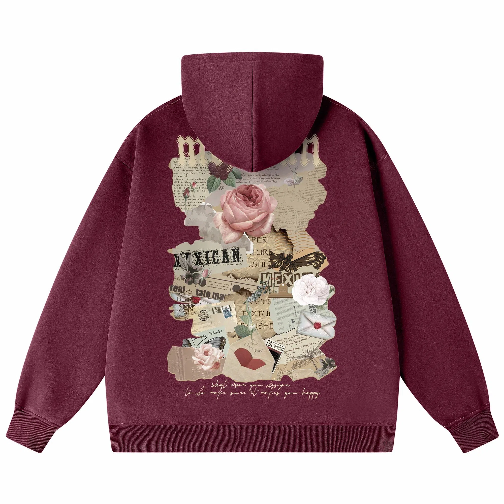 稻草人 美式复古做旧报纸玫瑰花卉字母涂鸦印花宽松休闲重磅外套舒适亲肤百搭打底连帽套头长袖卫衣 男女同款