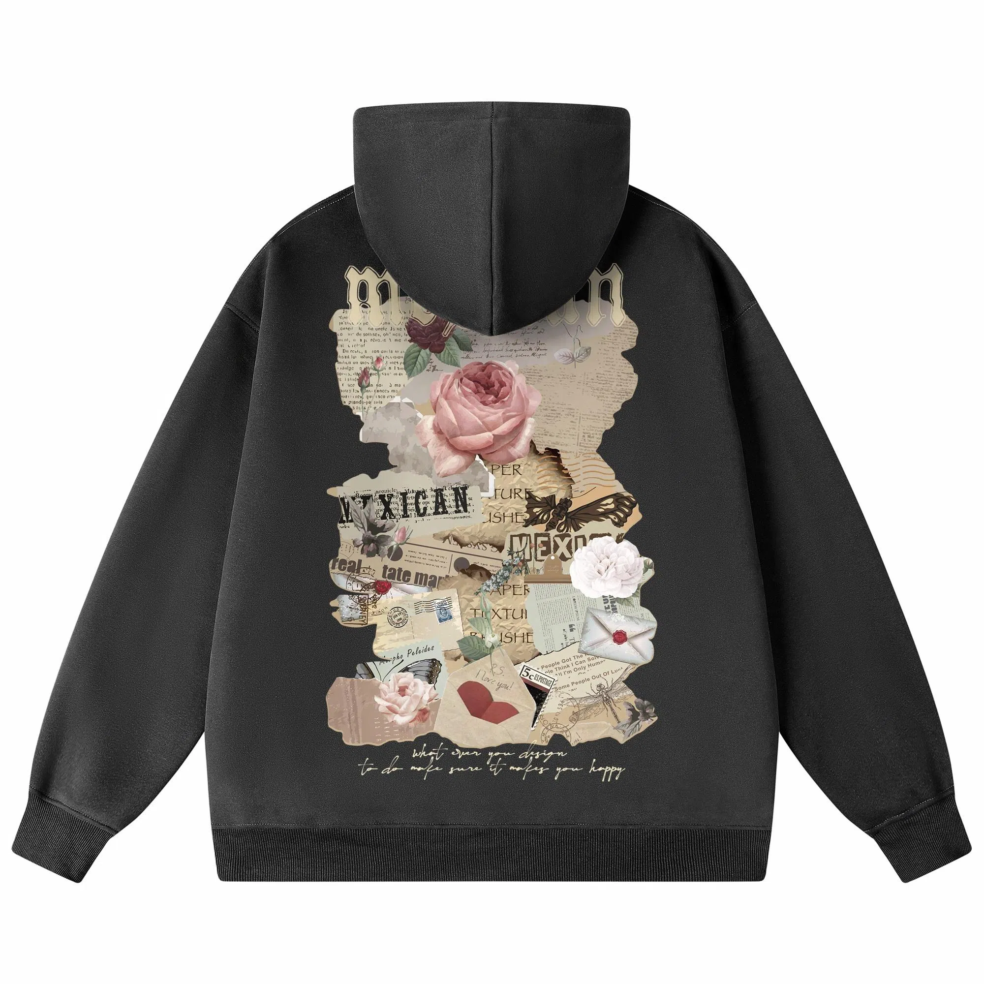 稻草人 美式复古做旧报纸玫瑰花卉字母涂鸦印花宽松休闲重磅外套舒适亲肤百搭打底连帽套头长袖卫衣 男女同款