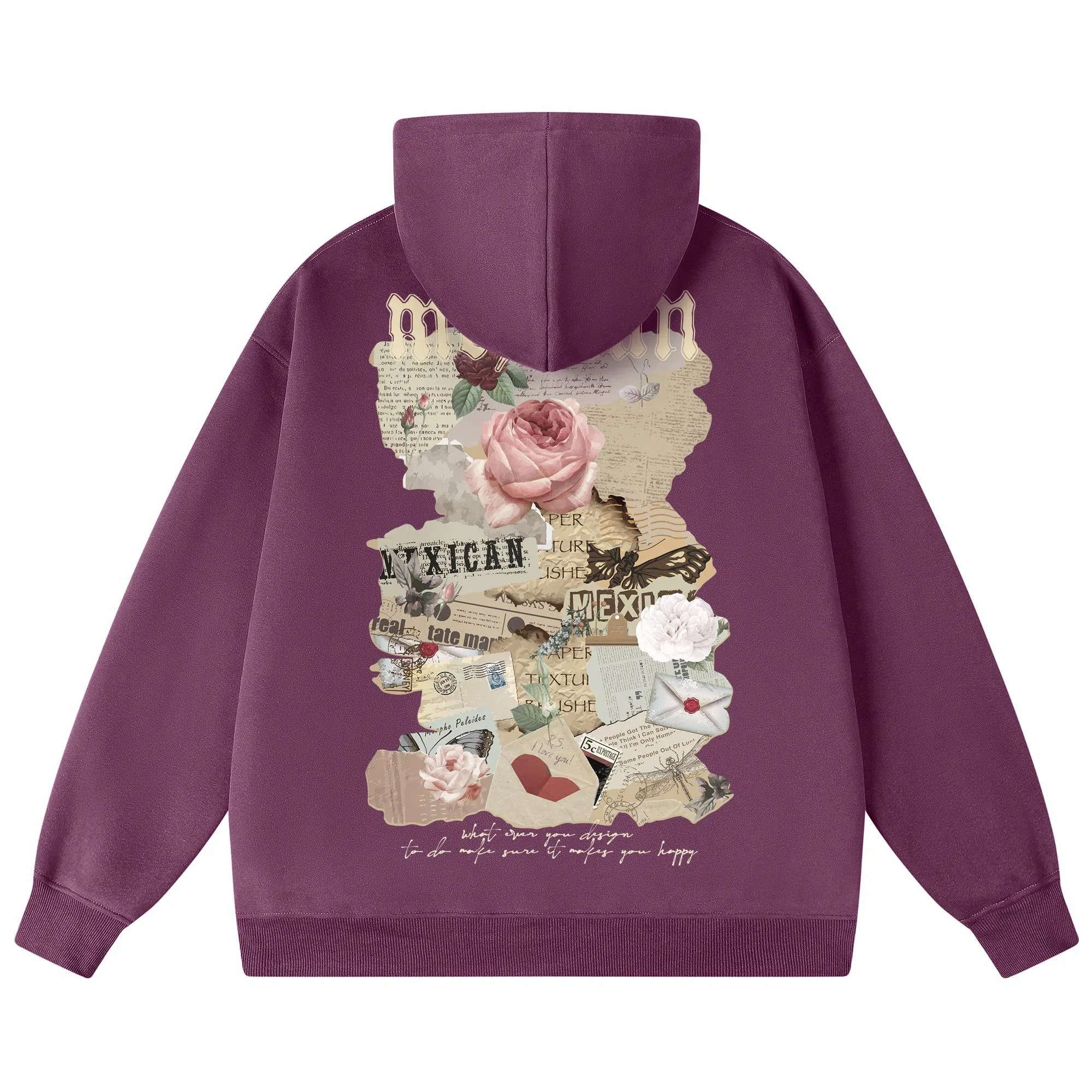 稻草人 美式复古做旧报纸玫瑰花卉字母涂鸦印花宽松休闲重磅外套舒适亲肤百搭打底连帽套头长袖卫衣 男女同款