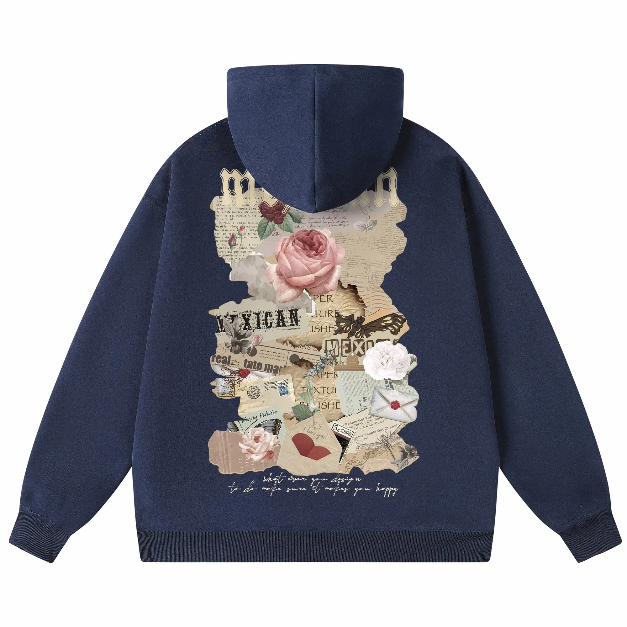 稻草人 美式复古做旧报纸玫瑰花卉字母涂鸦印花宽松休闲重磅外套舒适亲肤百搭打底连帽套头长袖卫衣 男女同款