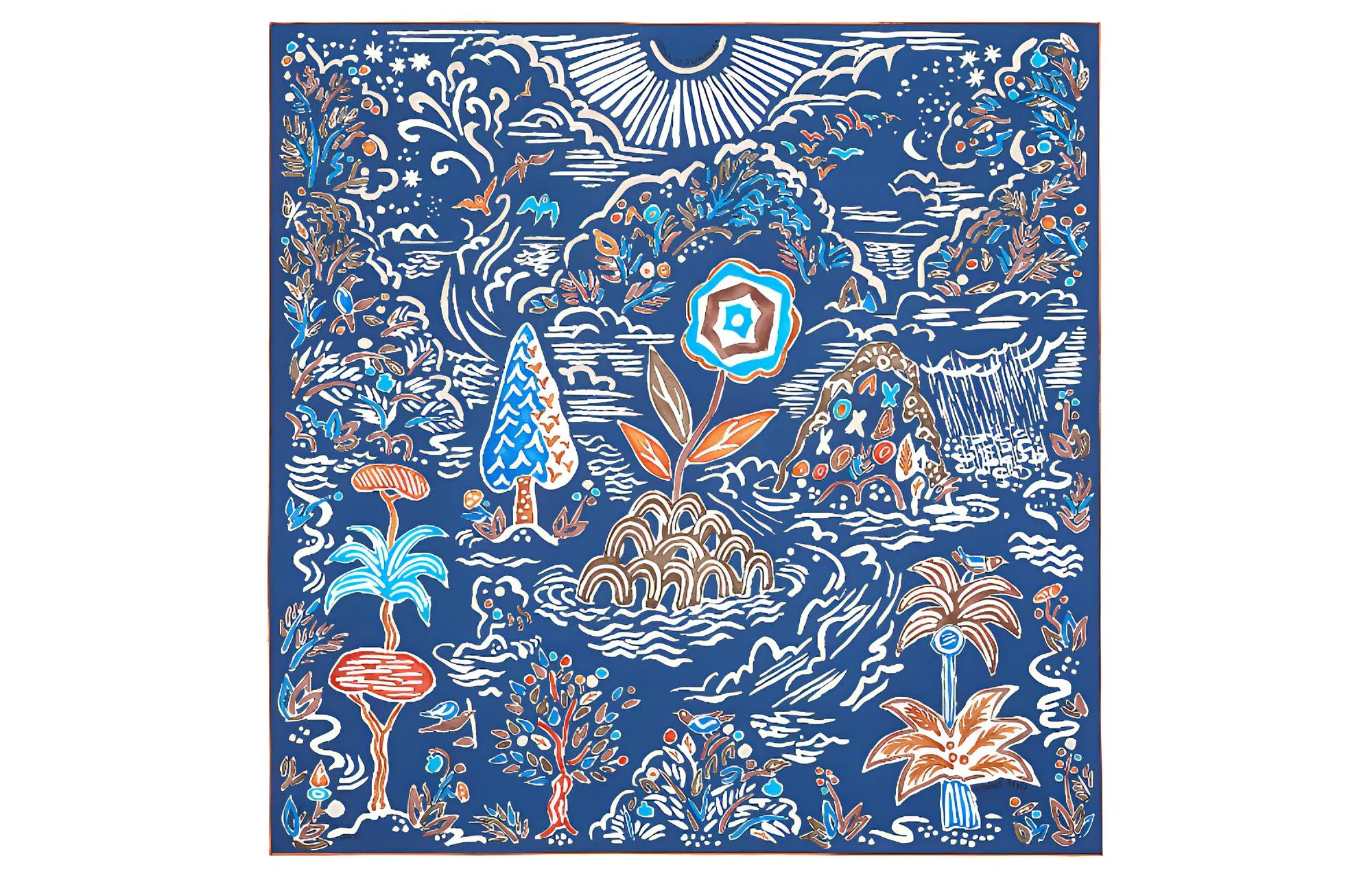 Hermes "Spring Island" 90cm Scarf Navy/Brown/White