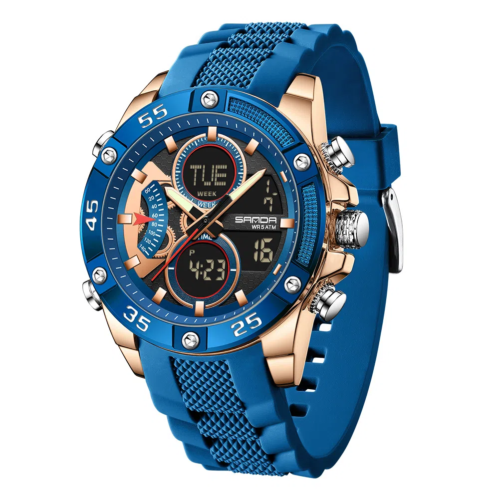 三达 时尚潮流校园学生手表 电子+石英机芯 硅胶表带 国表 男表 黑色表盘 防水