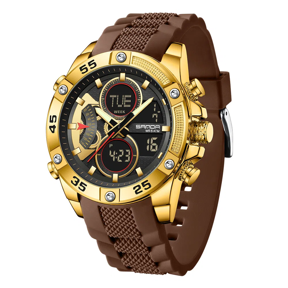 三达 时尚潮流校园学生手表 电子+石英机芯 硅胶表带 国表 男表 黑色表盘 防水