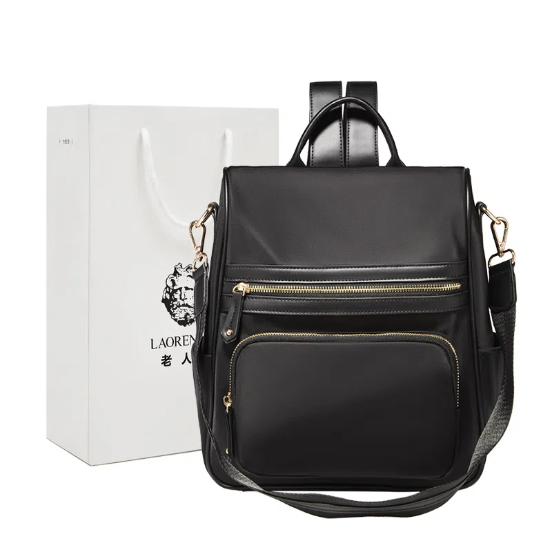 老人头 时尚大容量休闲简约百搭通勤背包高级感轻便耐用 织物 双肩包 常规 女款 黑色