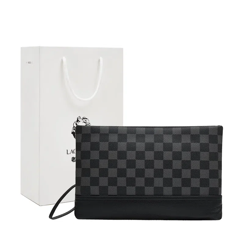 老人头 复古时尚经典棋盘格商务休闲通勤 头层牛皮 手拿包 常规 男款 黑色