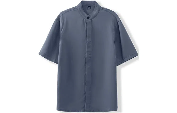 我是大卫 纯色立领复古宽松休闲短袖衬衫 男女同款