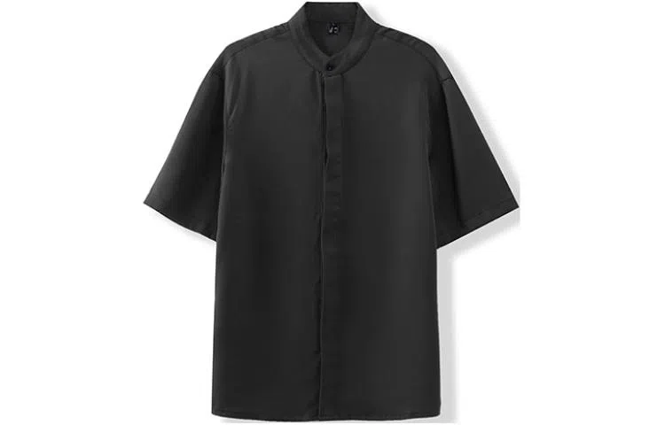 我是大卫 纯色立领复古宽松休闲短袖衬衫 男女同款