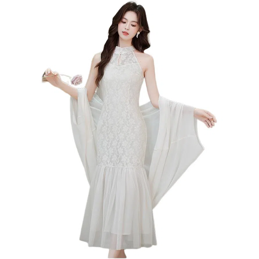 水中花 新中式国风气质提花旗袍女春挂脖连衣裙裙装套装 女款 白色