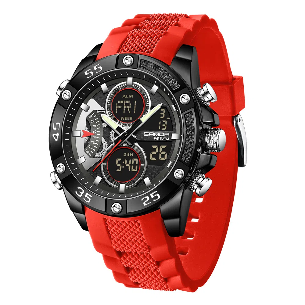 三达 时尚潮流校园学生手表 电子+石英机芯 硅胶表带 国表 男表 黑色表盘 防水