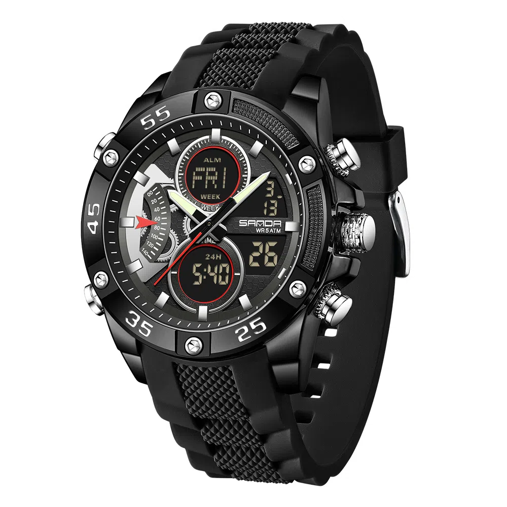 三达 时尚潮流校园学生手表 电子+石英机芯 硅胶表带 国表 男表 黑色表盘 防水