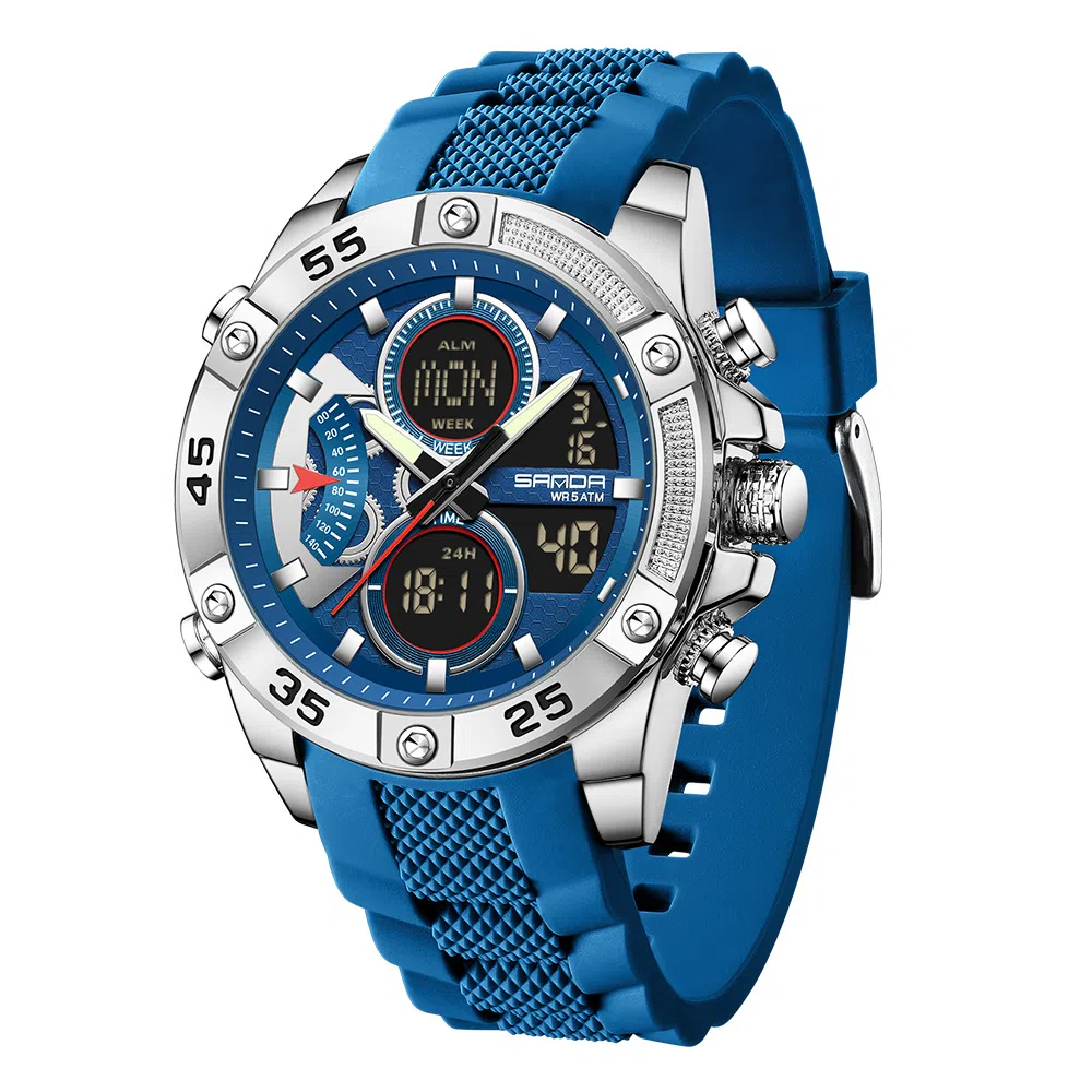 三达 时尚潮流校园学生手表 电子+石英机芯 硅胶表带 国表 男表 黑色表盘 防水