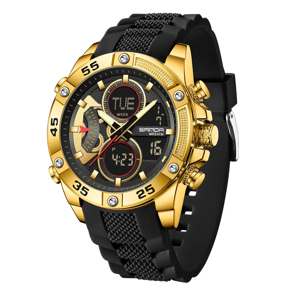 三达 时尚潮流校园学生手表 电子+石英机芯 硅胶表带 国表 男表 黑色表盘 防水