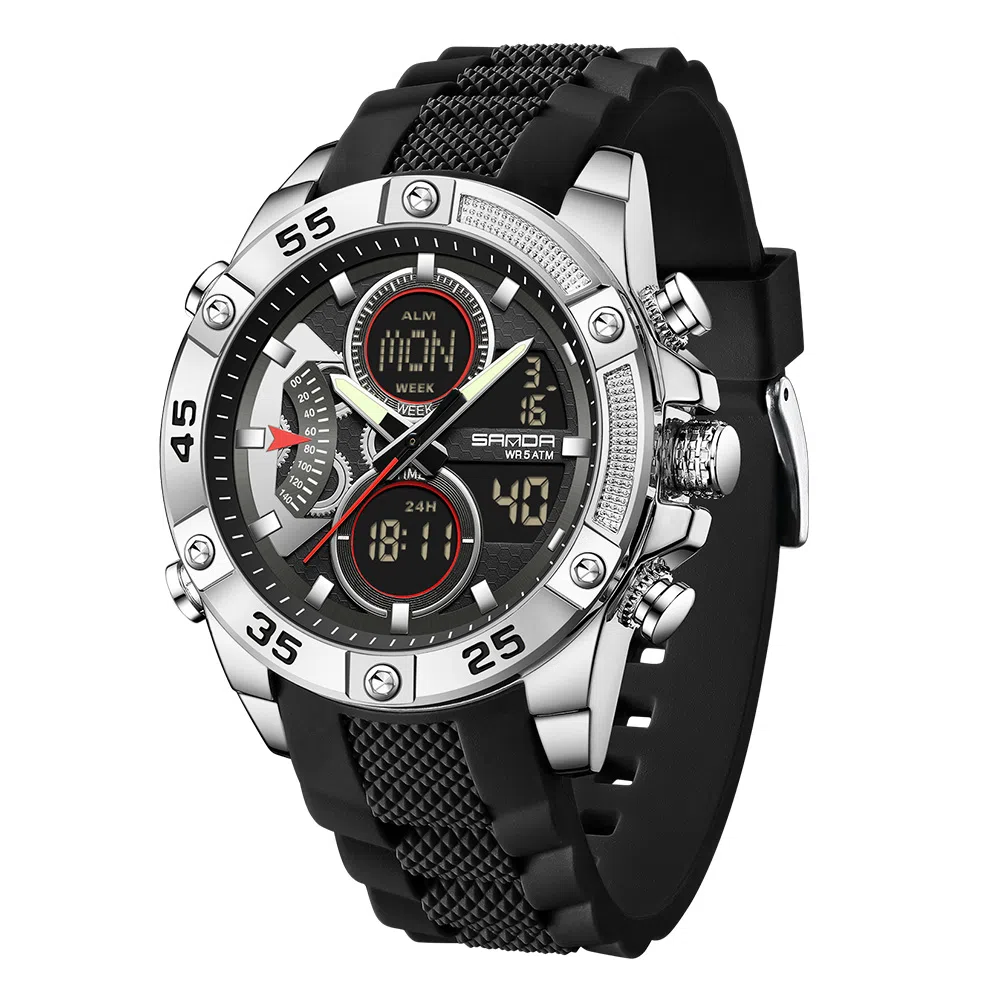 三达 时尚潮流校园学生手表 电子+石英机芯 硅胶表带 国表 男表 黑色表盘 防水