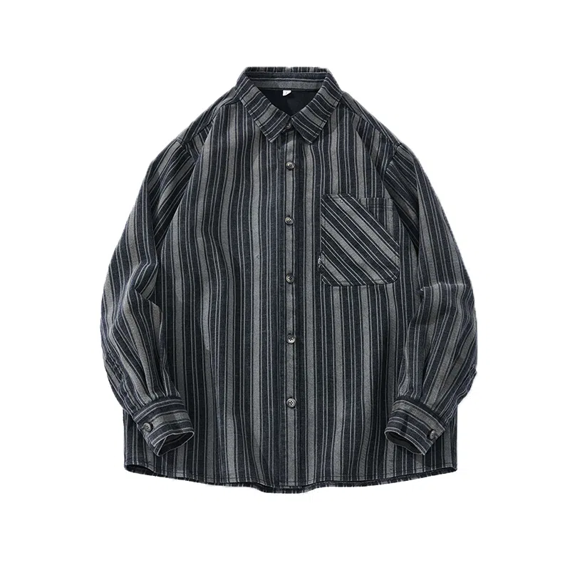 赞仕 日系复古竖纹工装宽松休闲长袖衬衫 男款 黑白条纹