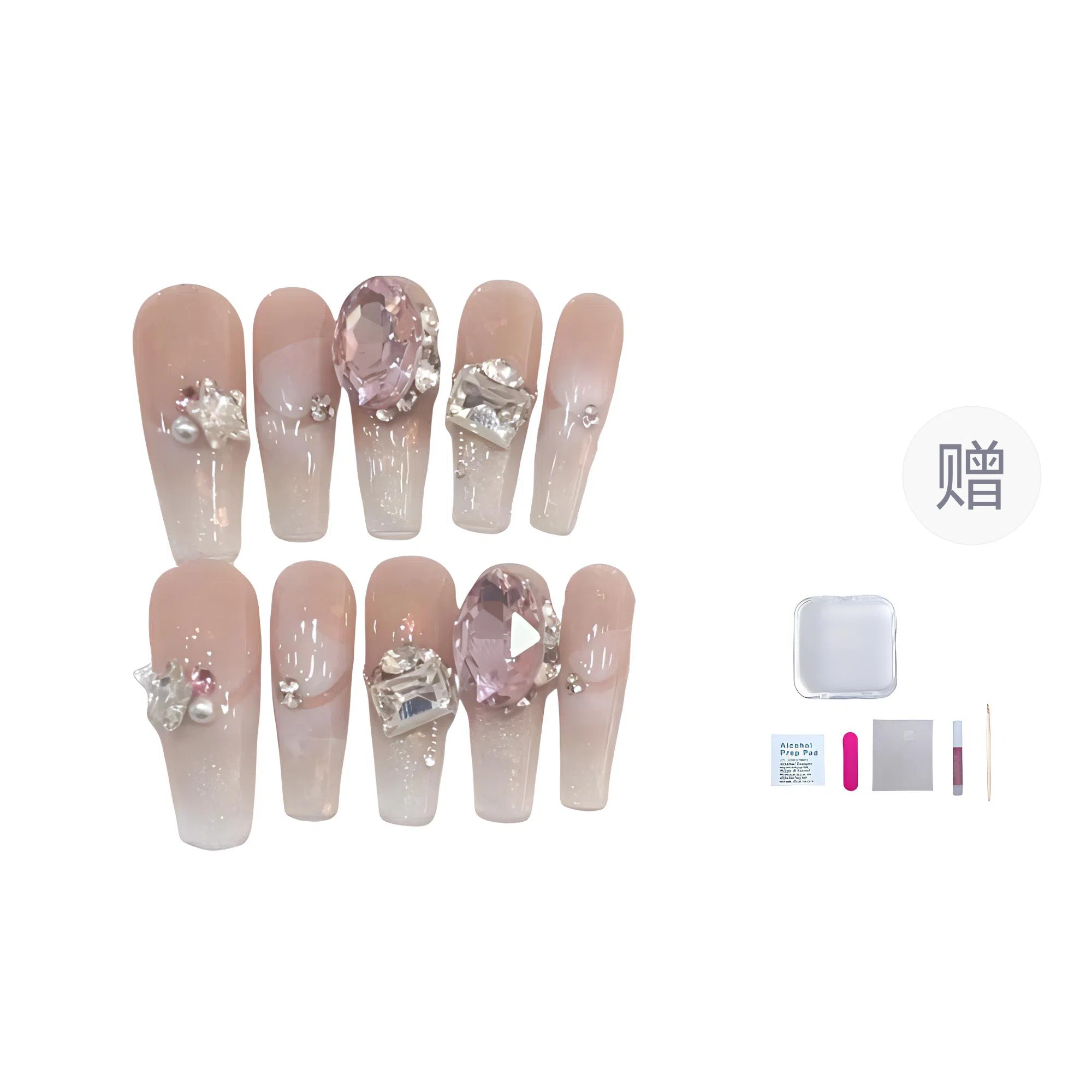 几多萌 温柔甜心清透爆闪钻  穿戴甲 梯型长款粉色纯色 纯欲 重复可拆卸