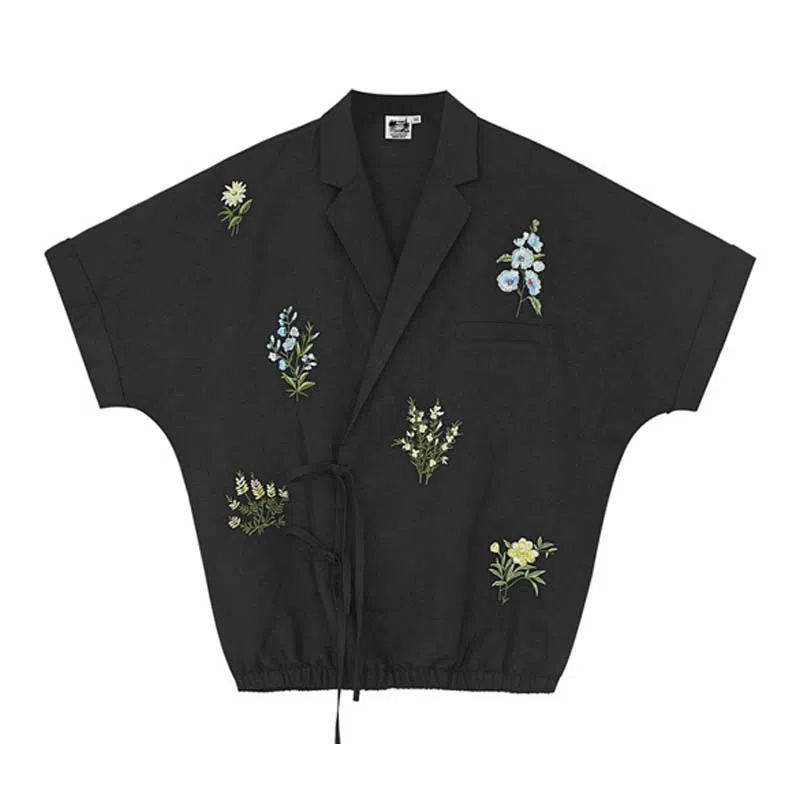 VALLEYOUTH Half Dream Half Awake Series Vintage Botanical Embroidery Shirt Black