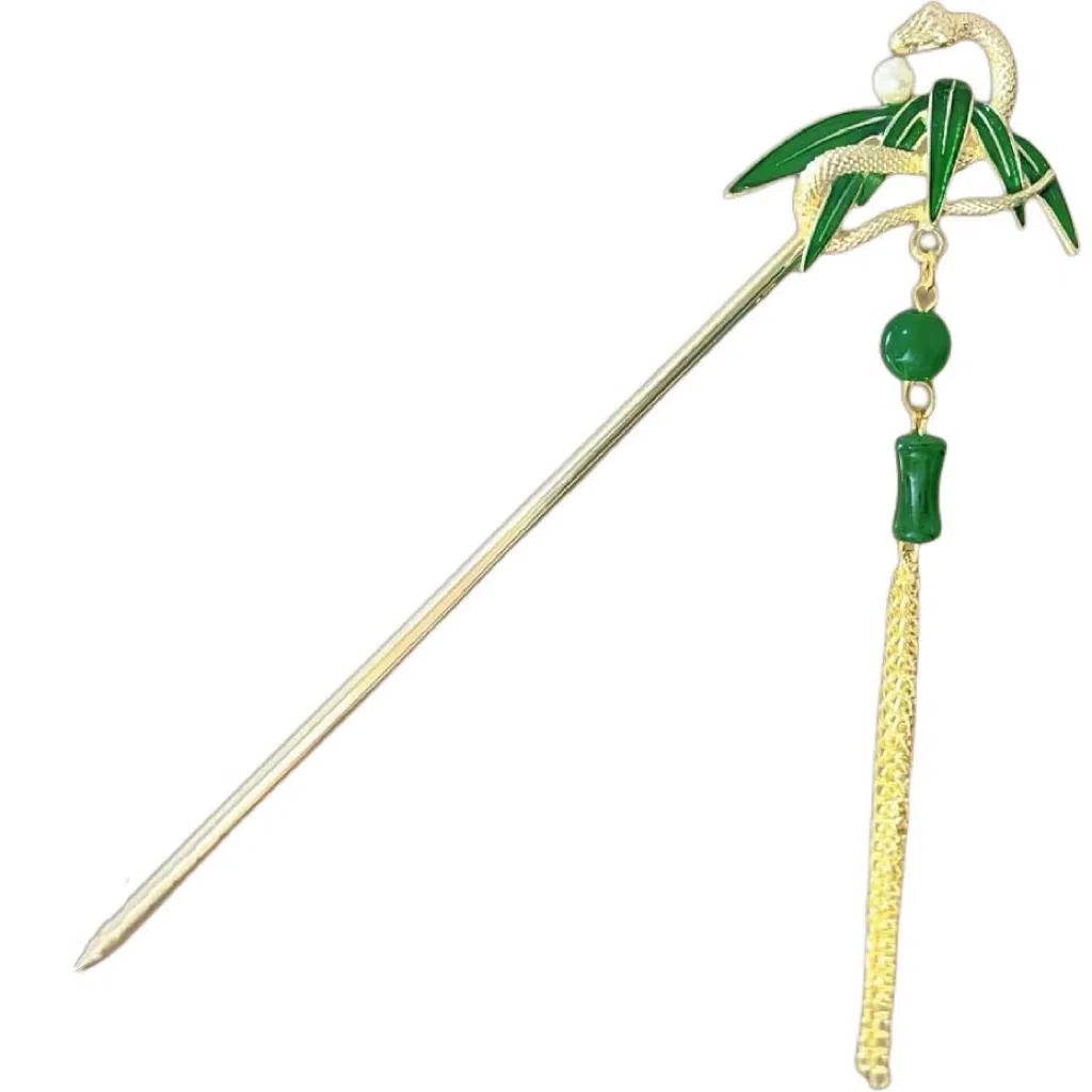 【灵蛇绕竹】 指尖瑰宝 新中式竹叶萌蛇高级感古风步摇流苏汉服 镀银 发簪 女款