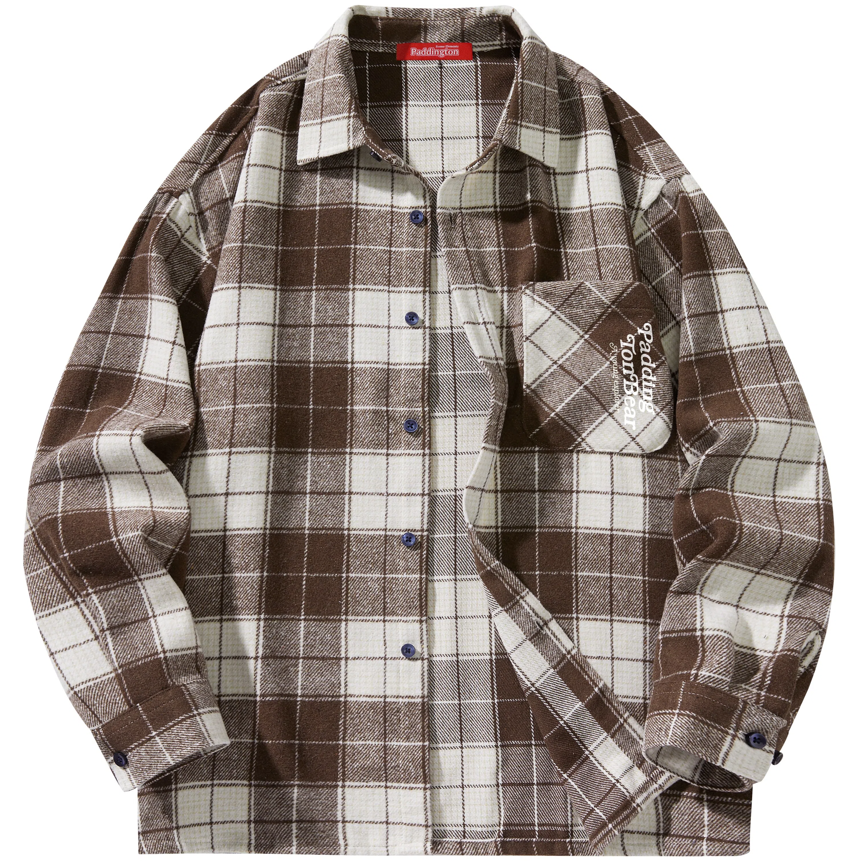 帕丁顿熊 美式字母印花宽松休闲仿毛呢多彩格纹长袖衬衫外套 男女同款