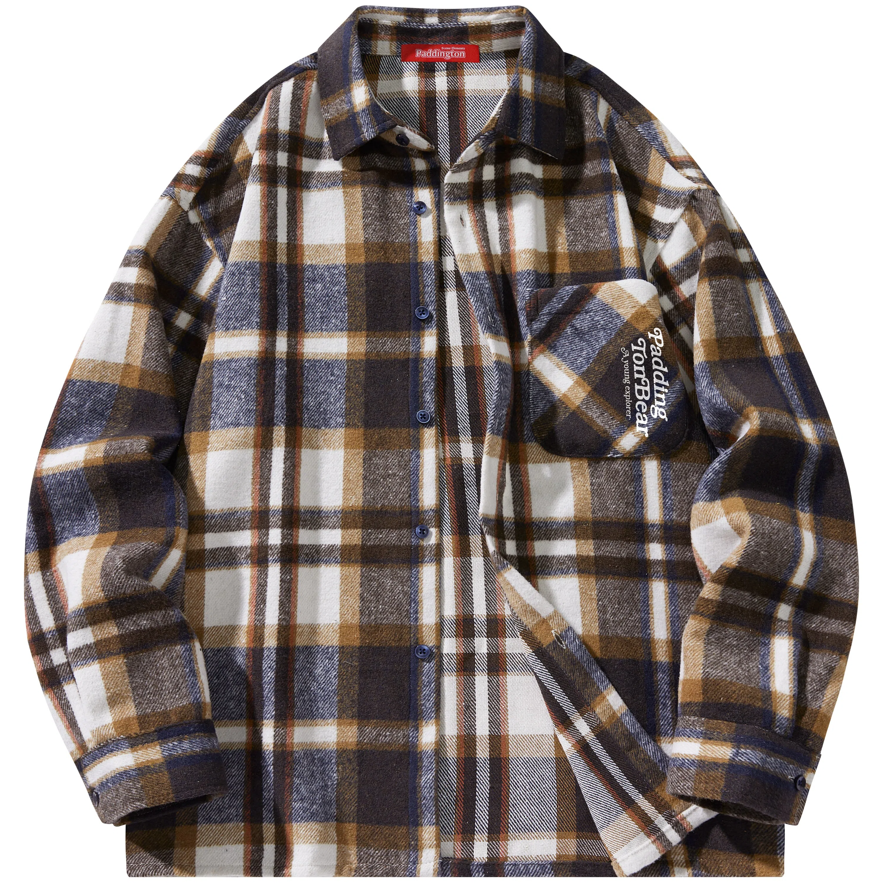 帕丁顿熊 美式字母印花宽松休闲仿毛呢多彩格纹长袖衬衫外套 男女同款