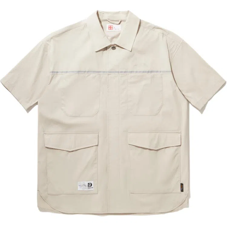 中国李宁 重燃系列 简约开衫短袖衬衫 男款 燕麦灰