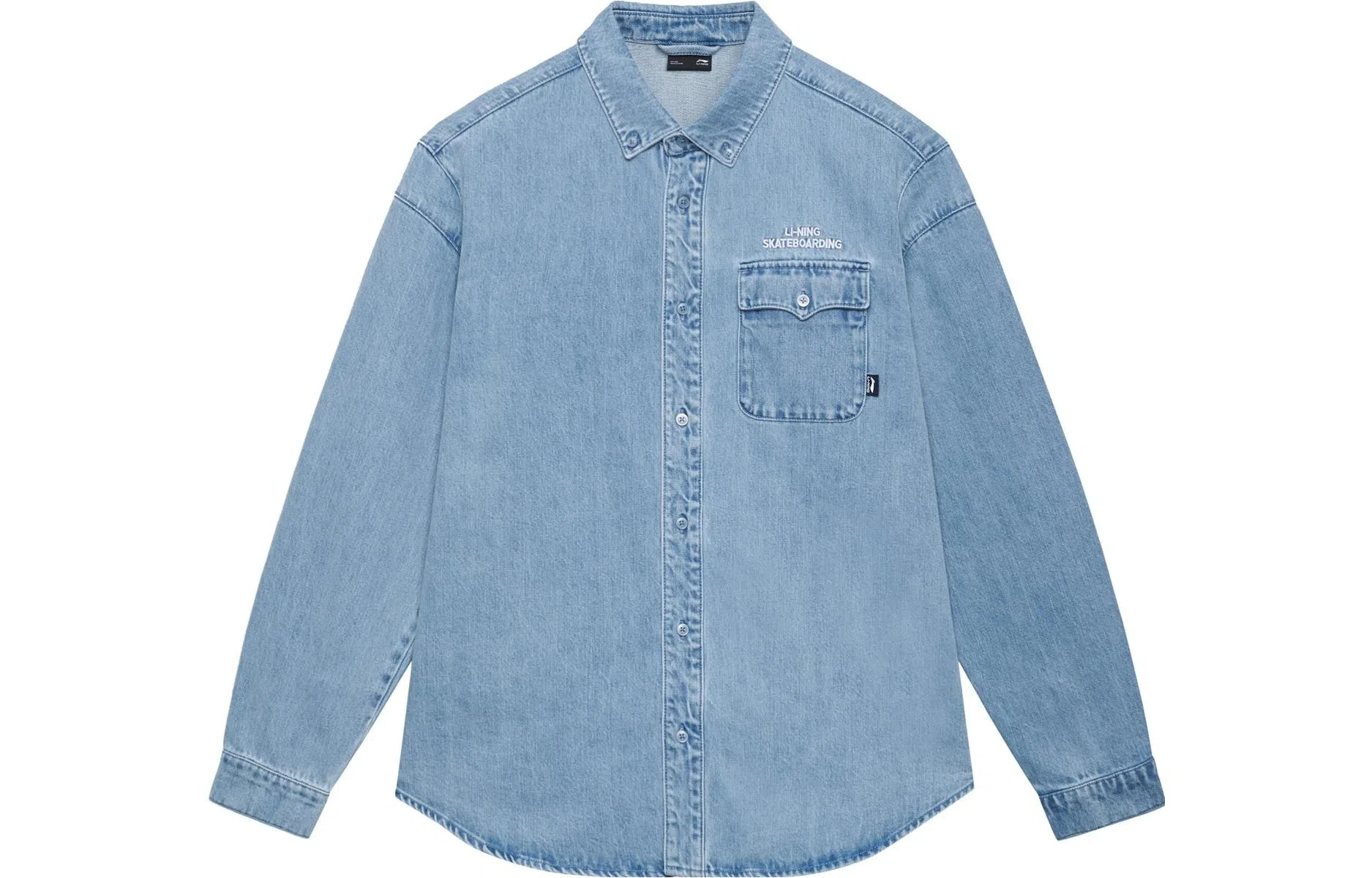 中国李宁 黄金年代 水洗字母图案印花单排扣牛仔长袖衬衫 男款 浅蓝色