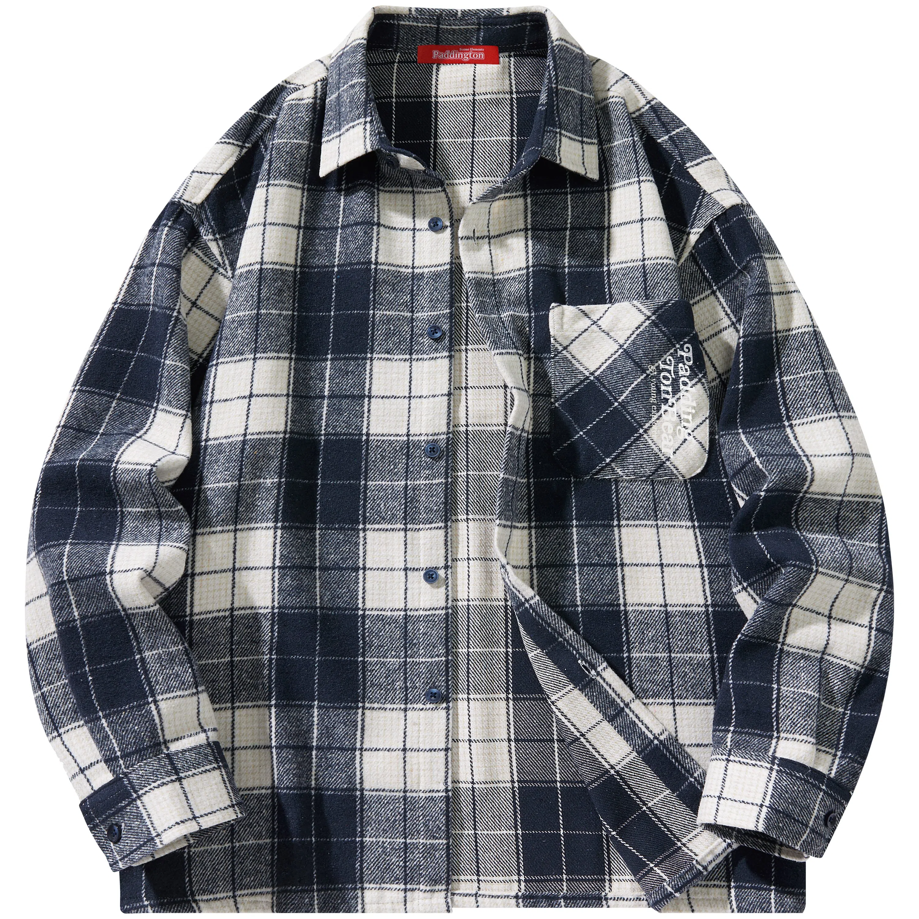 帕丁顿熊 美式字母印花宽松休闲仿毛呢多彩格纹长袖衬衫外套 男女同款
