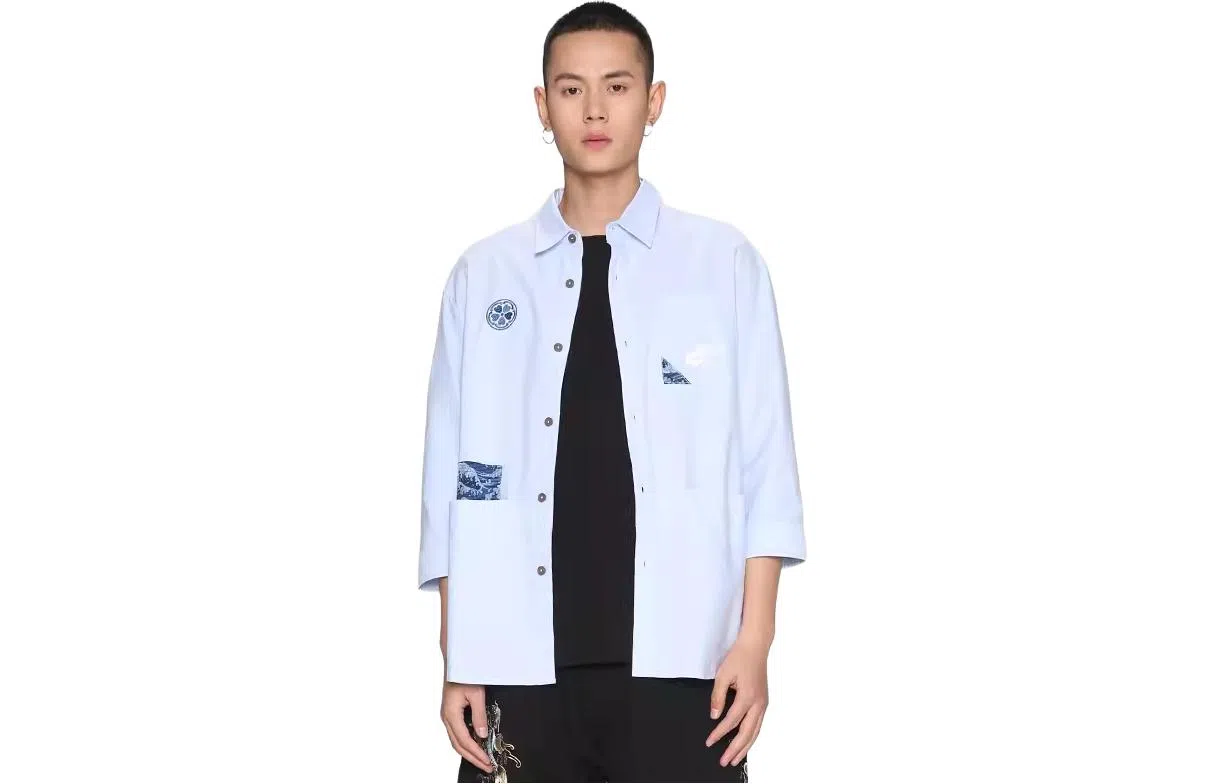 鬼洗 翻领纽扣刺绣合身七分袖衬衫 男款 蓝色