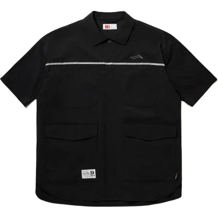 中国李宁 重燃系列 简约开衫短袖衬衫 男款 黑色