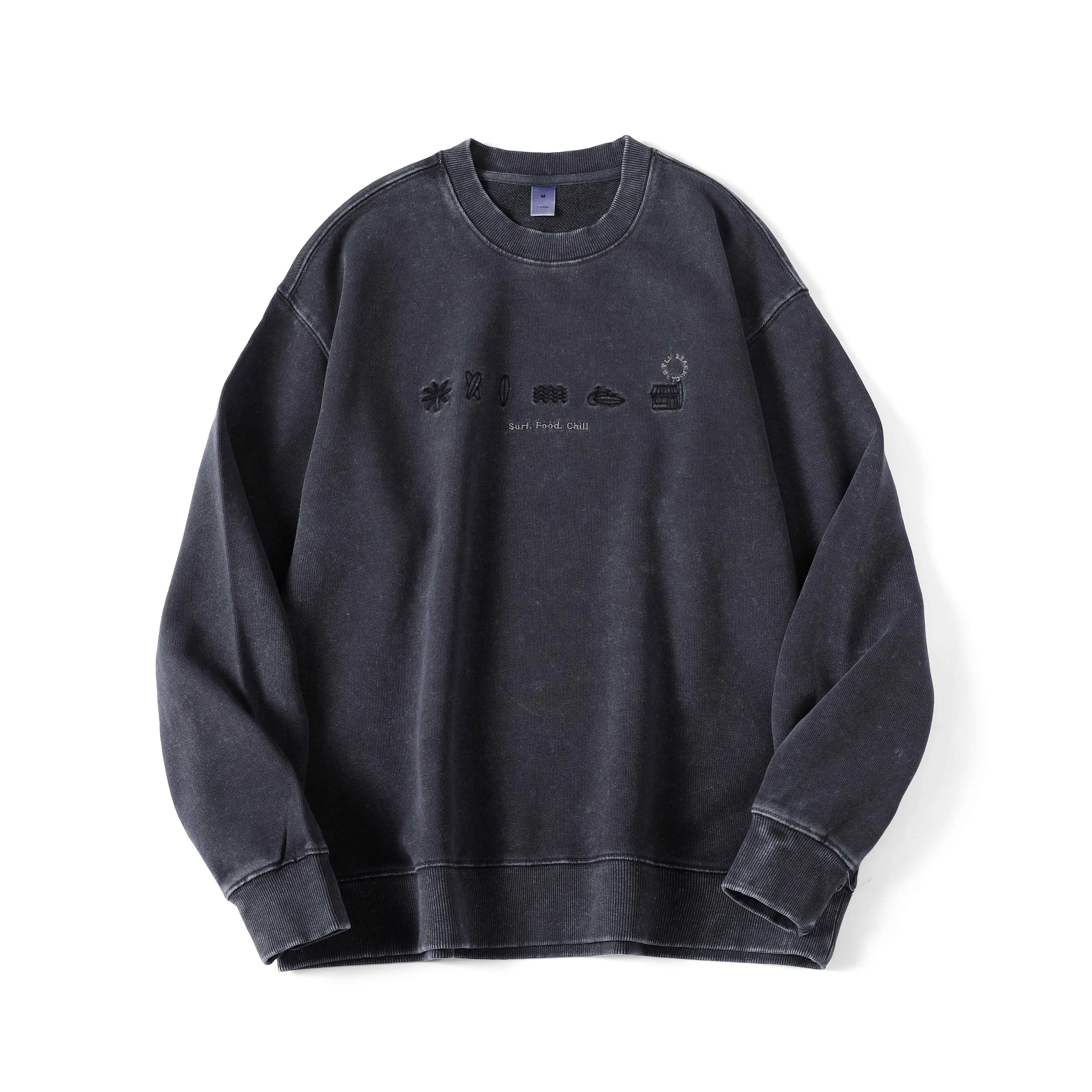 赞仕 美式复古潮牌圆领宽松水洗做旧纯棉卫衣 男女同款