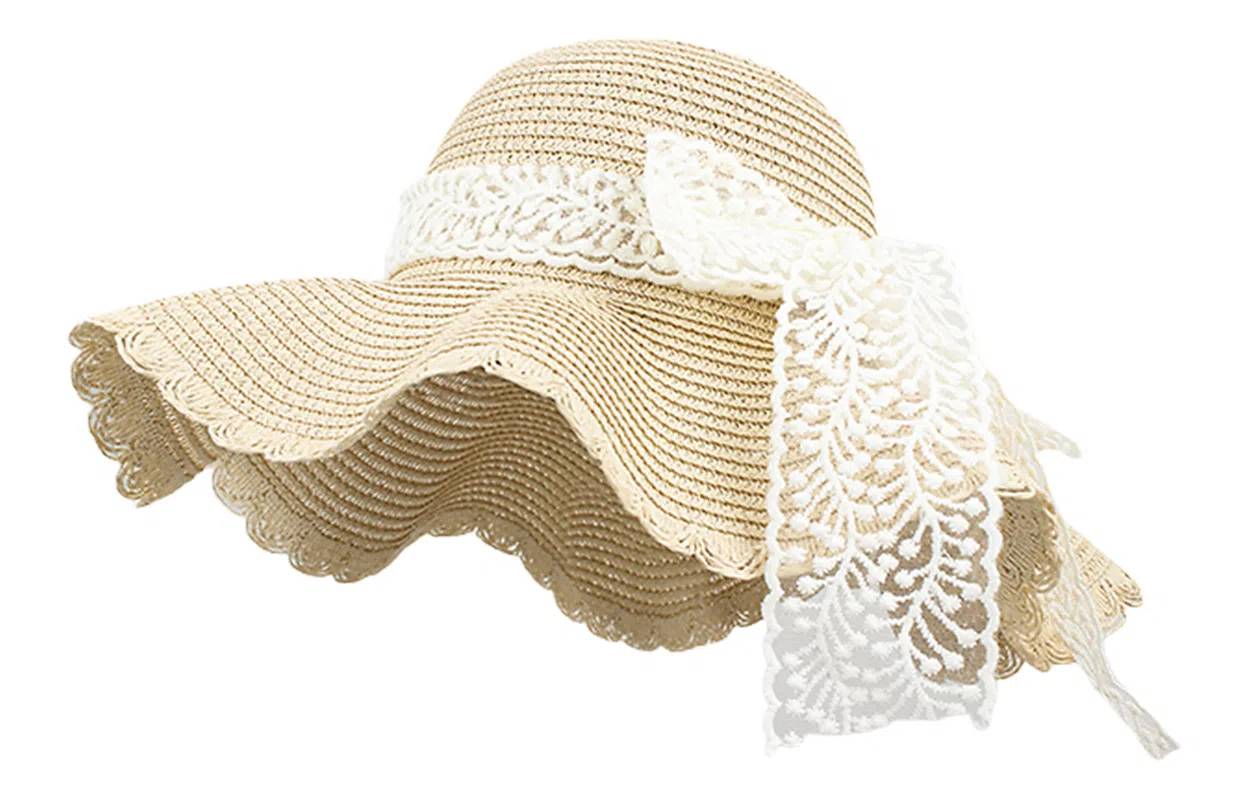 优幽兰 蝴蝶结波浪边蕾丝百搭高级感大帽檐显脸小编织帽海边沙滩度假遮阳帽拍 织物 渔夫帽 女款