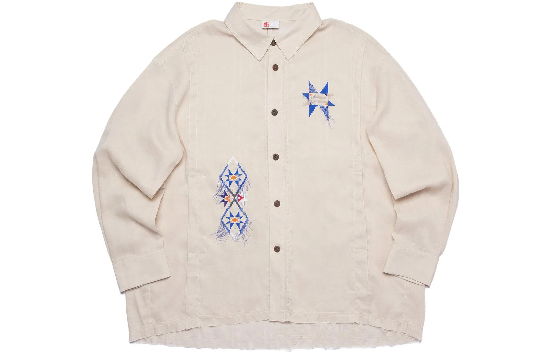 李宁 图案刺绣翻领排扣印花长袖衬衫 男款 燕麦灰