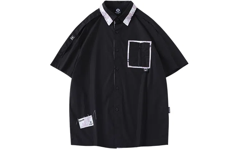 LAMLICKA拼接字母短袖翻领衬衫男女同款黑色