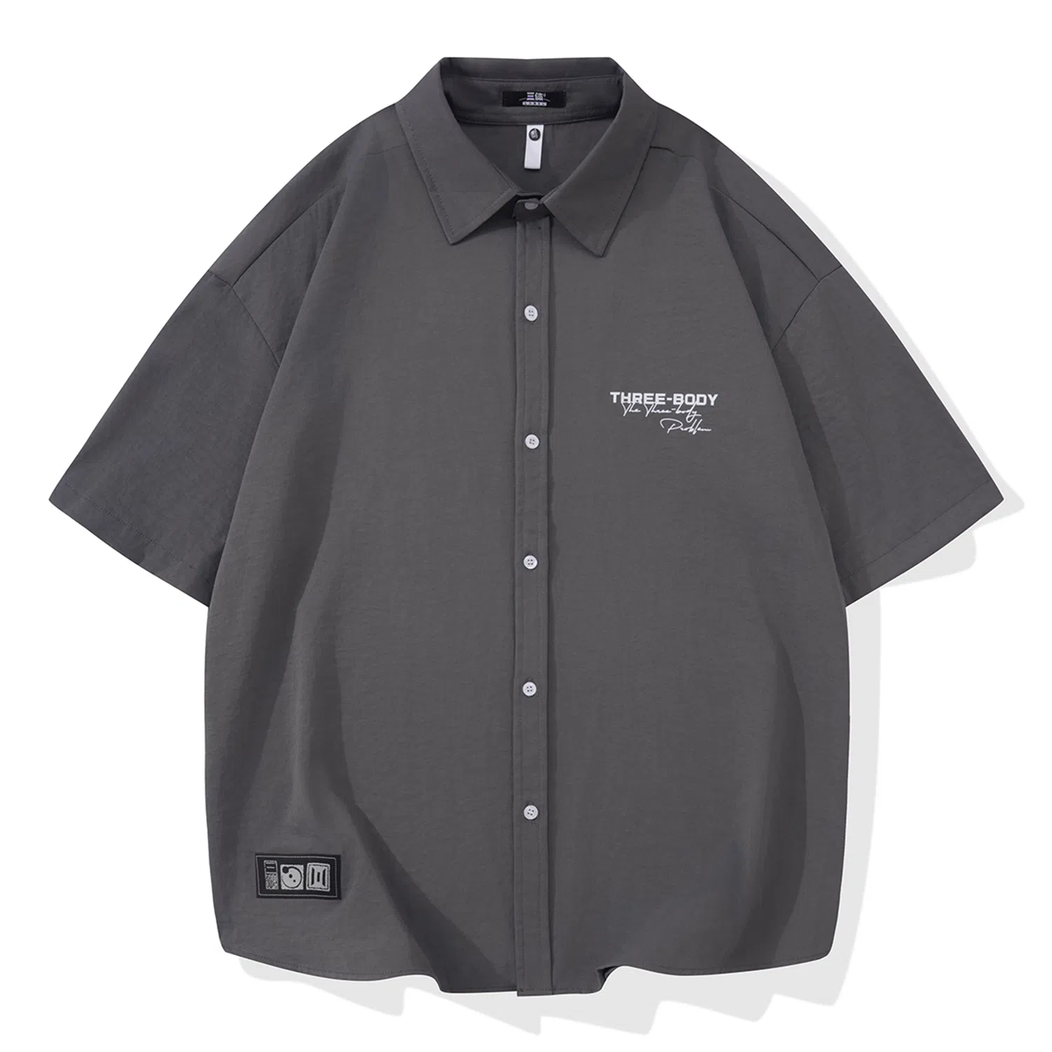 三体 问题印章系列 简约基础宽松纯色休闲字母印花翻领开衫美式复古高街潮牌时尚百搭舒适透气薄款多巴胺短袖衬衫 男女同款