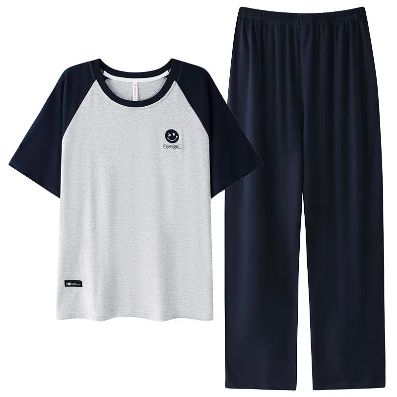 细舍 简约时尚短袖长裤家居服可外穿睡衣套装 女款 浅灰拼藏青