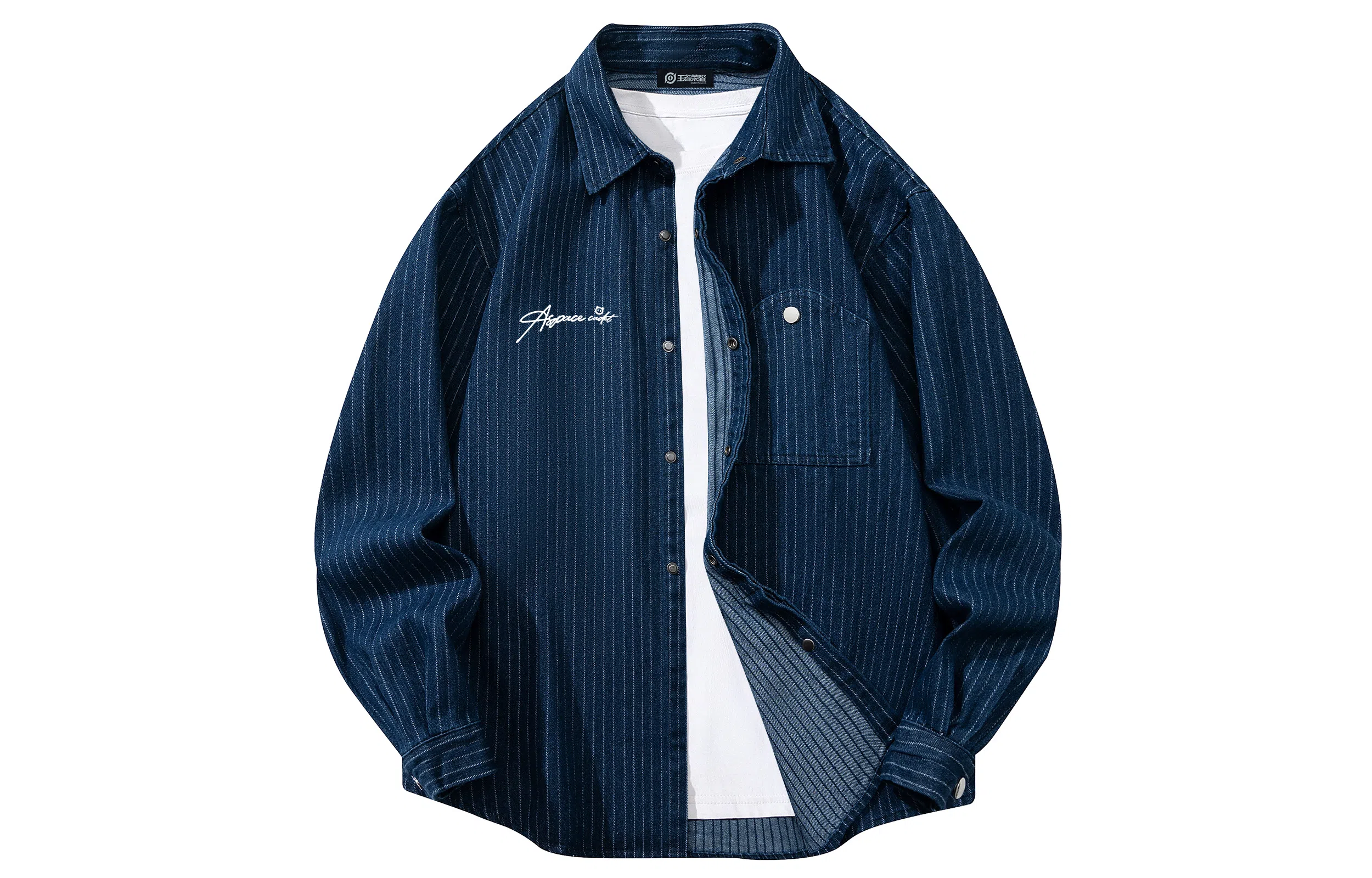 王者荣耀 鲁班七号星空梦想款 日系简约条纹撞色小衫纽扣翻领字母印花舒适宽松休闲日常长袖衬衫 男女同款 蓝色