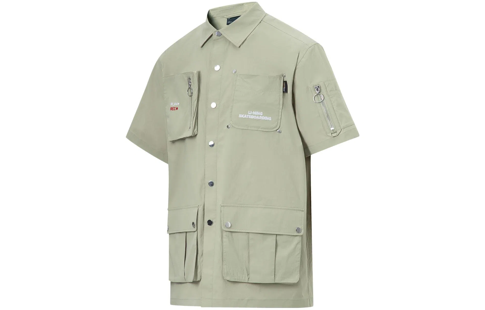 中国李宁 字母印花宽松休闲单排扣短袖衬衫 男款 榆枝绿