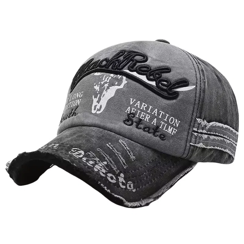 钓鱼熊 百搭复古刺绣字母水洗牛仔做旧遮阳防晒帽太阳帽 棉 鸭舌帽 男女同款情侣款