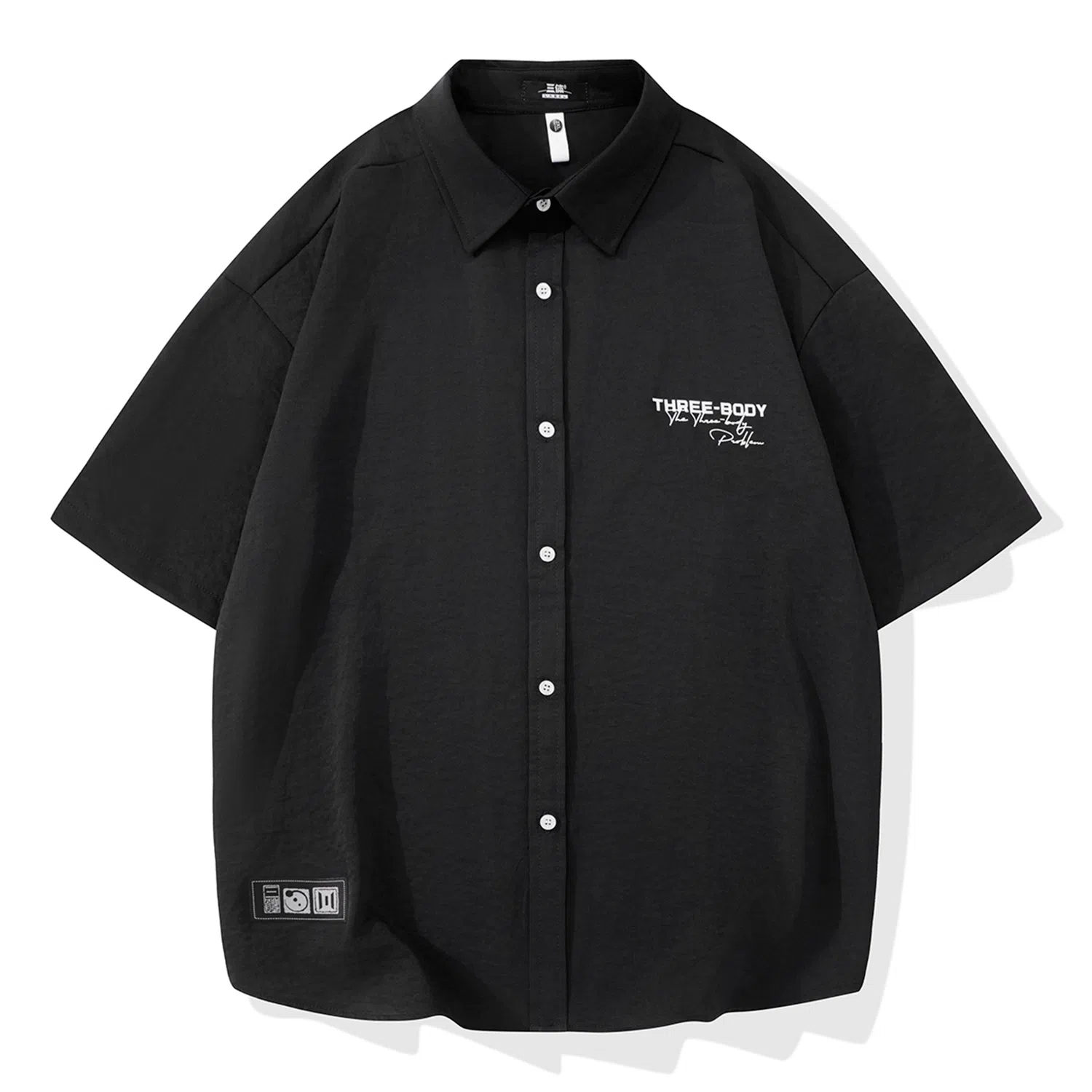 三体 问题印章系列 简约基础宽松纯色休闲字母印花翻领开衫美式复古高街潮牌时尚百搭舒适透气薄款多巴胺短袖衬衫 男女同款