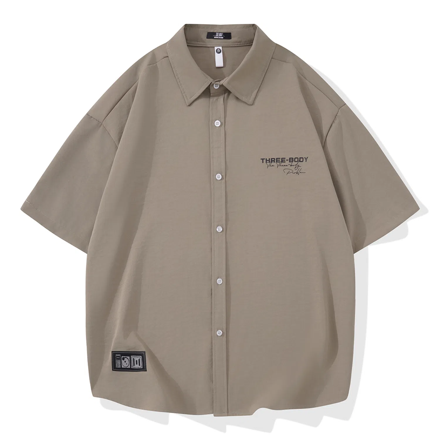 三体 问题印章系列 简约基础宽松纯色休闲字母印花翻领开衫美式复古高街潮牌时尚百搭舒适透气薄款多巴胺短袖衬衫 男女同款