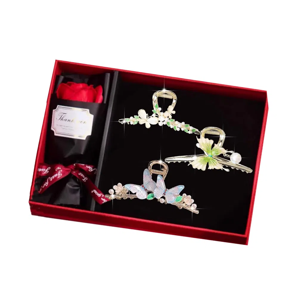 缔晶 森系甜美蝴蝶珍珠鲨鱼夹抓夹套装 优雅气质春夏通勤造型感发饰 合金 发夹 女款