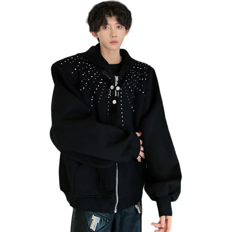 木林森 美式高街复古潮流连帽设计感垫肩拉链开衫百搭宽松休闲卫衣 男女同款 黑色