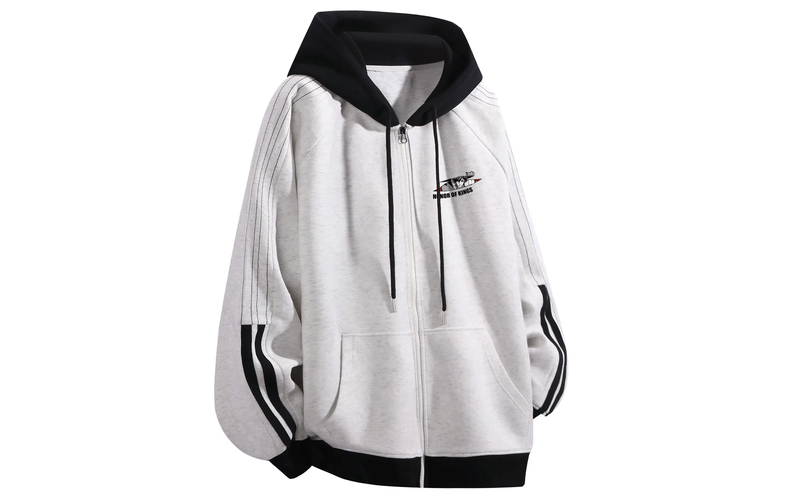 王者荣耀 李白款 数字字母涂鸦拼接拼色印花简约拉链长袖休闲宽松舒适常规宽松适中重磅连帽落肩袖卫衣 男女同款