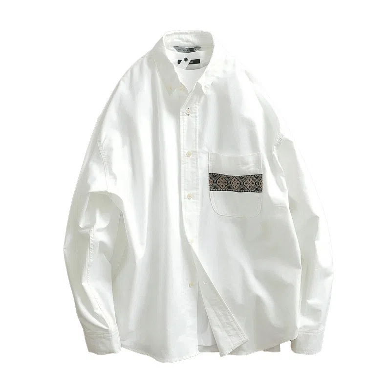 见川 日系复古拼接极简水洗微阔长袖衬衫 男女同款