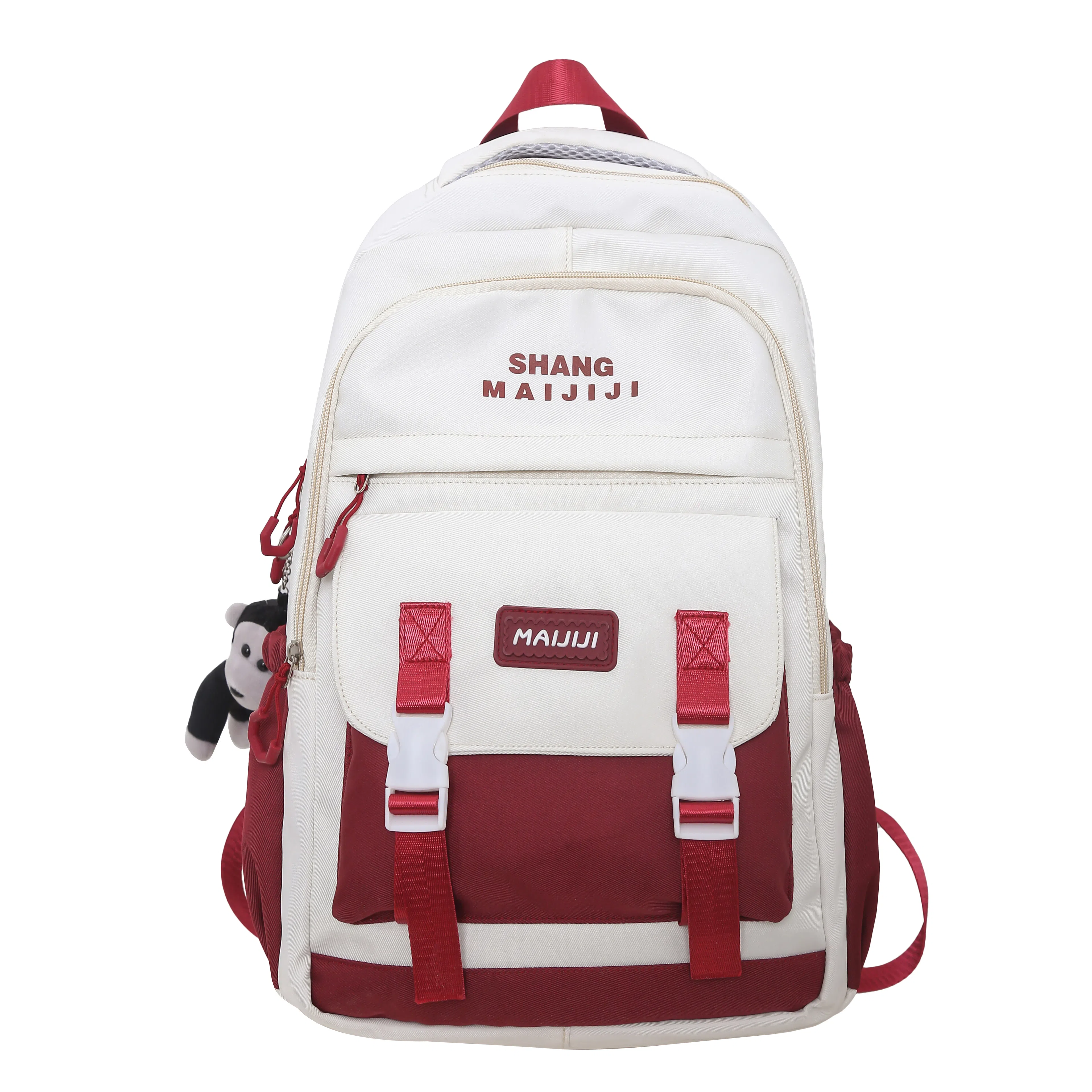 彤彤兔 美式复古撞色百搭 尼龙 双肩包 男女同款情侣款 黑色/蓝色/白红/卡其