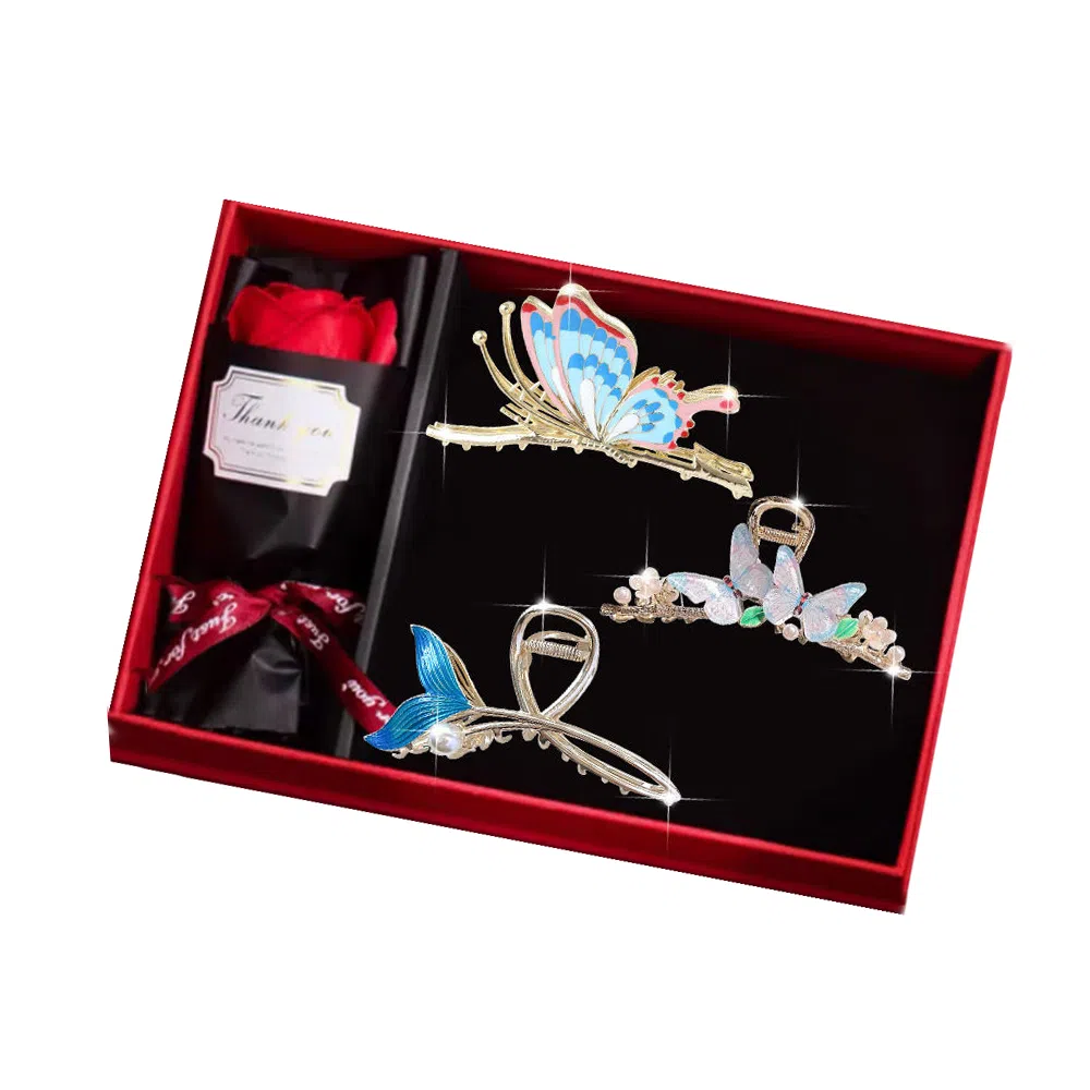 缔晶 森系浪漫鱼尾蝴蝶后脑勺鲨鱼夹套装 春夏时尚通勤发饰抓夹礼盒 合金 发夹 女款