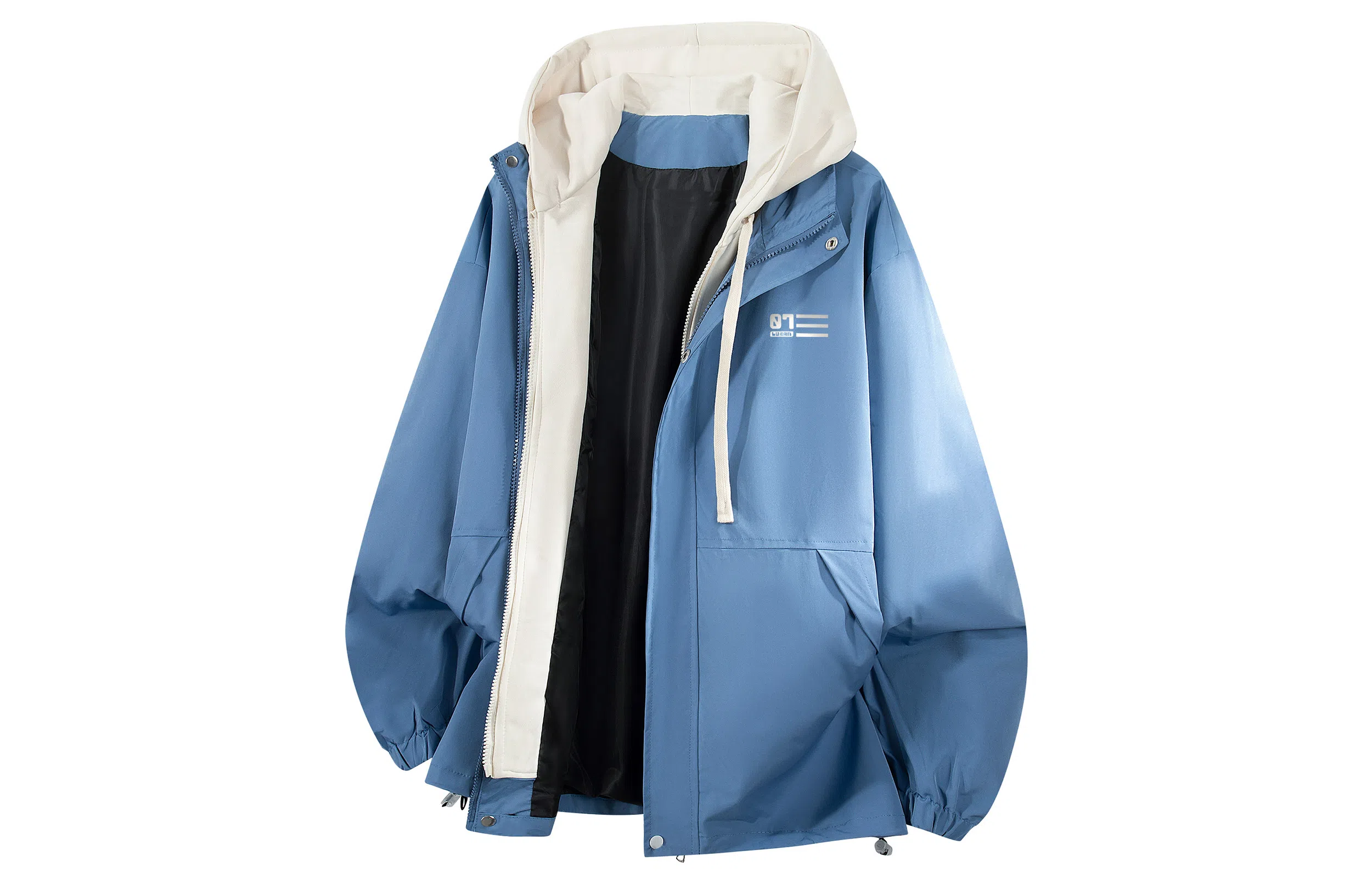 王者荣耀 鲁班七号星空梦想款 日系复古反光银字母纯色假两件连帽抽绳休闲宽松防风户外百搭长袖夹克外套 男女同款